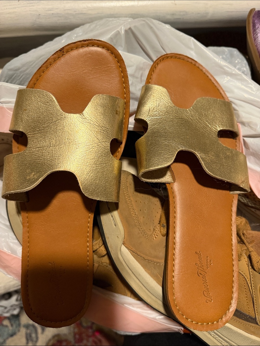 Gold Leather Slide Sandals - Women